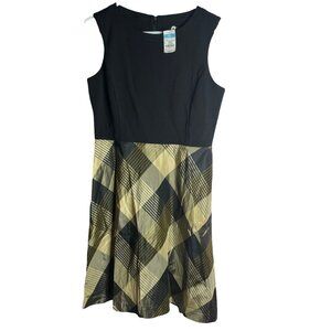 J. McLaughlin Black Knit Sleeveless Fit Flare Dress Gold Plaid Silk Skirt L New